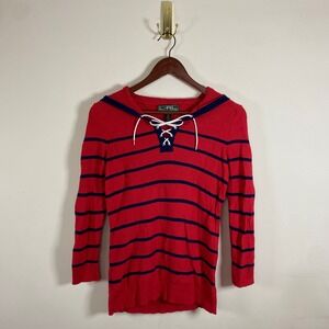 Lauren Ralph Lauren‎ Red Navy Striped Hooded Sweater Lace Up Front XS Fisherman